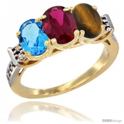 10K Yellow Gold Natural Swiss Blue Topaz, Ruby & Tiger Eye Ring 3-Stone Oval 7x5 mm Diamond Accent