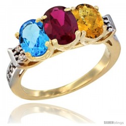 10K Yellow Gold Natural Swiss Blue Topaz, Ruby & Whisky Quartz Ring 3-Stone Oval 7x5 mm Diamond Accent