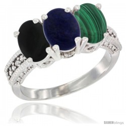 10K White Gold Natural Black Onyx, Lapis & Malachite Ring 3-Stone Oval 7x5 mm Diamond Accent