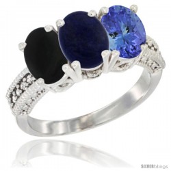 10K White Gold Natural Black Onyx, Lapis & Tanzanite Ring 3-Stone Oval 7x5 mm Diamond Accent