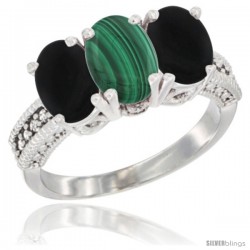 10K White Gold Natural Malachite & Black Onyx Ring 3-Stone Oval 7x5 mm Diamond Accent