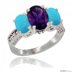 10K White Gold Ladies Natural Amethyst Oval 3 Stone Ring with Turquoise Sides Diamond Accent