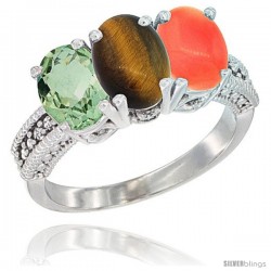 14K White Gold Natural Green Amethyst, Tiger Eye & Coral Ring 3-Stone 7x5 mm Oval Diamond Accent