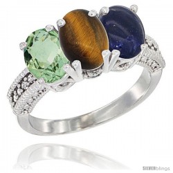 14K White Gold Natural Green Amethyst, Tiger Eye & Lapis Ring 3-Stone 7x5 mm Oval Diamond Accent