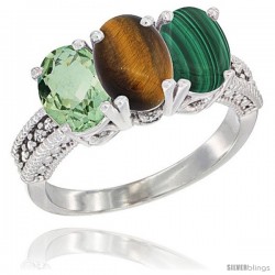 14K White Gold Natural Green Amethyst, Tiger Eye & Malachite Ring 3-Stone 7x5 mm Oval Diamond Accent