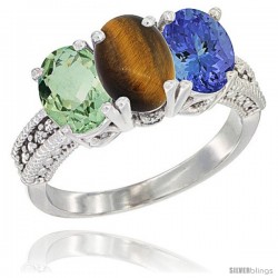 14K White Gold Natural Green Amethyst, Tiger Eye & Tanzanite Ring 3-Stone 7x5 mm Oval Diamond Accent