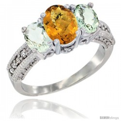 14k White Gold Ladies Oval Natural Whisky Quartz 3-Stone Ring with Green Amethyst Sides Diamond Accent