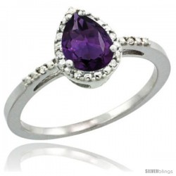 Sterling Silver Diamond Natural Amethyst Ring 0.59 ct Tear Drop 7x5 Stone 3/8 in wide