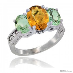 14K White Gold Ladies 3-Stone Oval Natural Whisky Quartz Ring with Green Amethyst Sides Diamond Accent