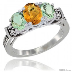 14K White Gold Natural Whisky Quartz & Green Amethyst Ring 3-Stone Oval with Diamond Accent