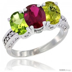 14K White Gold Natural Peridot, Ruby & Lemon Quartz Ring 3-Stone Oval 7x5 mm Diamond Accent