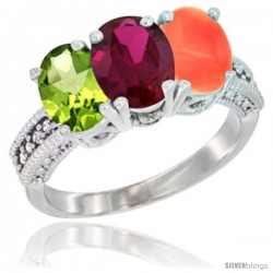 14K White Gold Natural Peridot, Ruby & Coral Ring 3-Stone Oval 7x5 mm Diamond Accent