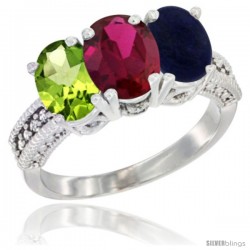 14K White Gold Natural Peridot, Ruby & Lapis Ring 3-Stone Oval 7x5 mm Diamond Accent