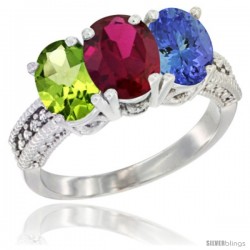 14K White Gold Natural Peridot, Ruby & Tanzanite Ring 3-Stone Oval 7x5 mm Diamond Accent