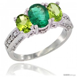 14k White Gold Ladies Oval Natural Emerald 3-Stone Ring with Peridot Sides Diamond Accent