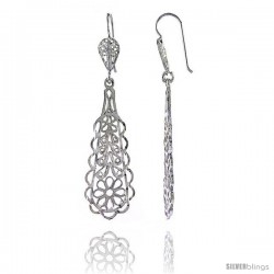 Sterling Silver 2 3/16" (55 mm) tall Teardrop Filigree Dangle Earrings, w/ Floral Designs -Style Fe103