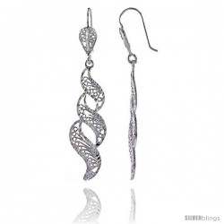 Sterling Silver 2 3/16" (55 mm) tall Filigree Dangle Earrings, w/ Wave Designs