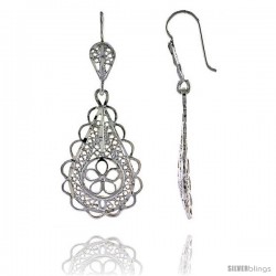 Sterling Silver 1 3/4" (45 mm) tall Pear-shaped Filigree Dangle Earrings