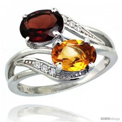 14k White Gold ( 8x6 mm ) Double Stone Engagement Citrine & Garnet Ring w/ 0.07 Carat Brilliant Cut Diamonds & 2.34 Carats Oval