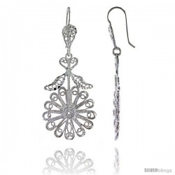 Sterling Silver 2" (50 mm) tall Flower Filigree Dangle Earrings