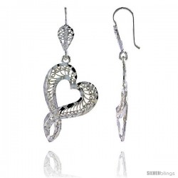 Sterling Silver 1 13/16" (46 mm) tall Heart-shaped Filigree Dangle Earrings