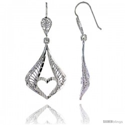 Sterling Silver 1 13/16" (47 mm) tall Pear-shaped Filigree Dangle Earrings, w/ Heart Cut Out