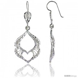 Sterling Silver 1 13/16" (47 mm) tall Filigree Dangle Earrings, w/ Heart Cut Out