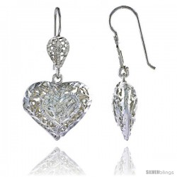 Sterling Silver 1 3/16" (30 mm) tall Puffed Heart Filigree Dangle Earrings