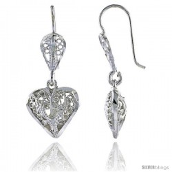 Sterling Silver 1 1/16" (27 mm) tall Puffed Heart Filigree Dangle Earrings