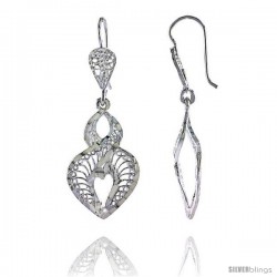 Sterling Silver 1 9/16" (40 mm) tall Heart-shaped Filigree Dangle Earrings