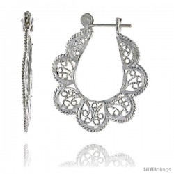 Sterling Silver 1 1/4" (31 mm) tall U-shaped Filigree Earrings, w/ Snap-down Lock