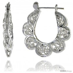 Sterling Silver 1 3/16" (30 mm) tall Puffed U-shaped Filigree Earrings, w/ Snap-down Lock