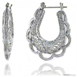 Sterling Silver 1 5/16" (34 mm) tall Puffed U-shaped Filigree Earrings, w/ Snap-down Lock