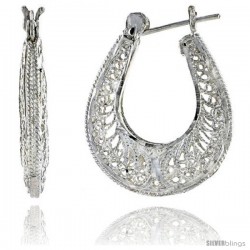 Sterling Silver 1 3/16" (30 mm) tall Puffed U-shaped Filigree Earrings, w/ Snap-down Lock -Style Fe136