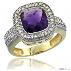 14K Yellow Gold Natural Amethyst Ring Cushion-cut 9x9 Stone Diamond Accent