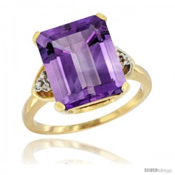 14k Yellow Gold Ladies Natural Amethyst Ring Emerald-shape 12x10 Stone Diamond Accent