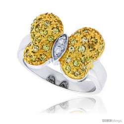 Sterling Silver & Rhodium Plated Butterfly Ring, w/ Tiny High Quality White & Citrine CZ's, 9/16 (14 mm) wide