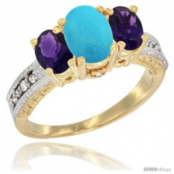 14k Yellow Gold Ladies Oval Natural Turquoise 3-Stone Ring with Amethyst Sides Diamond Accent