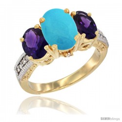 14K Yellow Gold Ladies 3-Stone Oval Natural Turquoise Ring with Amethyst Sides Diamond Accent