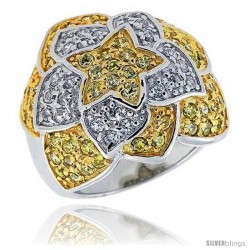 Sterling Silver & Rhodium Plated Floral Band, w/ Tiny High Quality White & Citrine CZ's, 11/16" (17 mm) wide