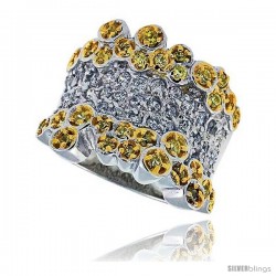 Sterling Silver & Rhodium Plated Bubbles Band, w/ Tiny High Quality White & Citrine CZ's, 5/8" (16 mm) wide