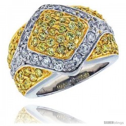 Sterling Silver & Rhodium Plated Diamond-shaped Dome Band, w/ 2mm High Quality White & Citrine CZ's, 11/16" (17 mm) wide