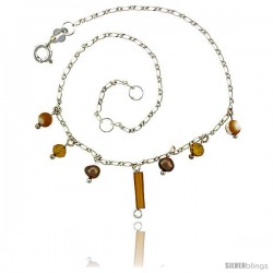 Sterling Silver Anklet Natural Stone Brown Pearls Citrine Beads, adjustable 9 - 10 in