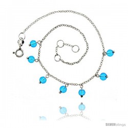 Sterling Silver Anklet Natural Stone Blue Topaz Beads, adjustable 9 - 10 in