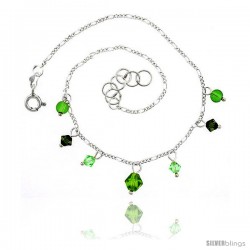 Sterling Silver Anklet Natural Stone Peridot Beads Green Bicone Crystals, adjustable 9 - 10 in