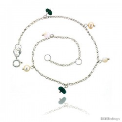 Sterling Silver Anklet Natural Stone Turquoise Pearls & Jade Beads, adjustable 9 - 10 in