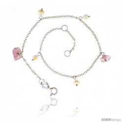 Sterling Silver Anklet Natural Stone Rose Quartz Pearls Jade Beads, adjustable 9 - 10 in