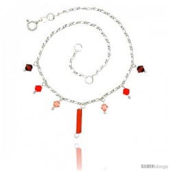 Sterling Silver Anklet Natural Carnelian & Orange and Pink Crystals, adjustable 9 - 10 in