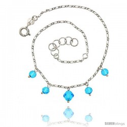 Sterling Silver Ankle Bracelet Anklet Blue Natural Blue Topaz Beads Bicone Crystal, adjustable 9 - 10 in