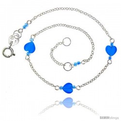 Sterling Silver Ankle Bracelet Anklet Natural Blue Topaz Heart Beads, adjustable 9 - 10 in